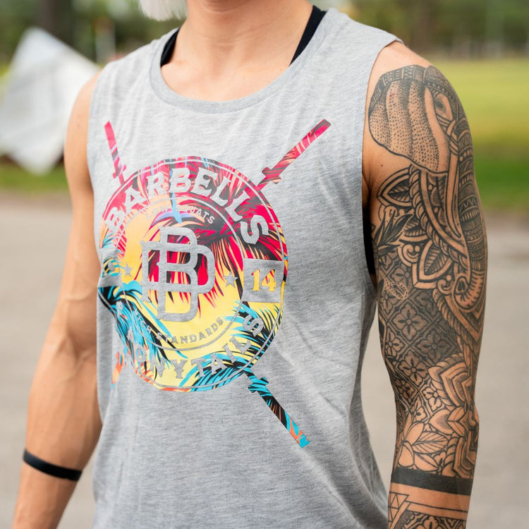 tropical barbells crossing muscle tank grey