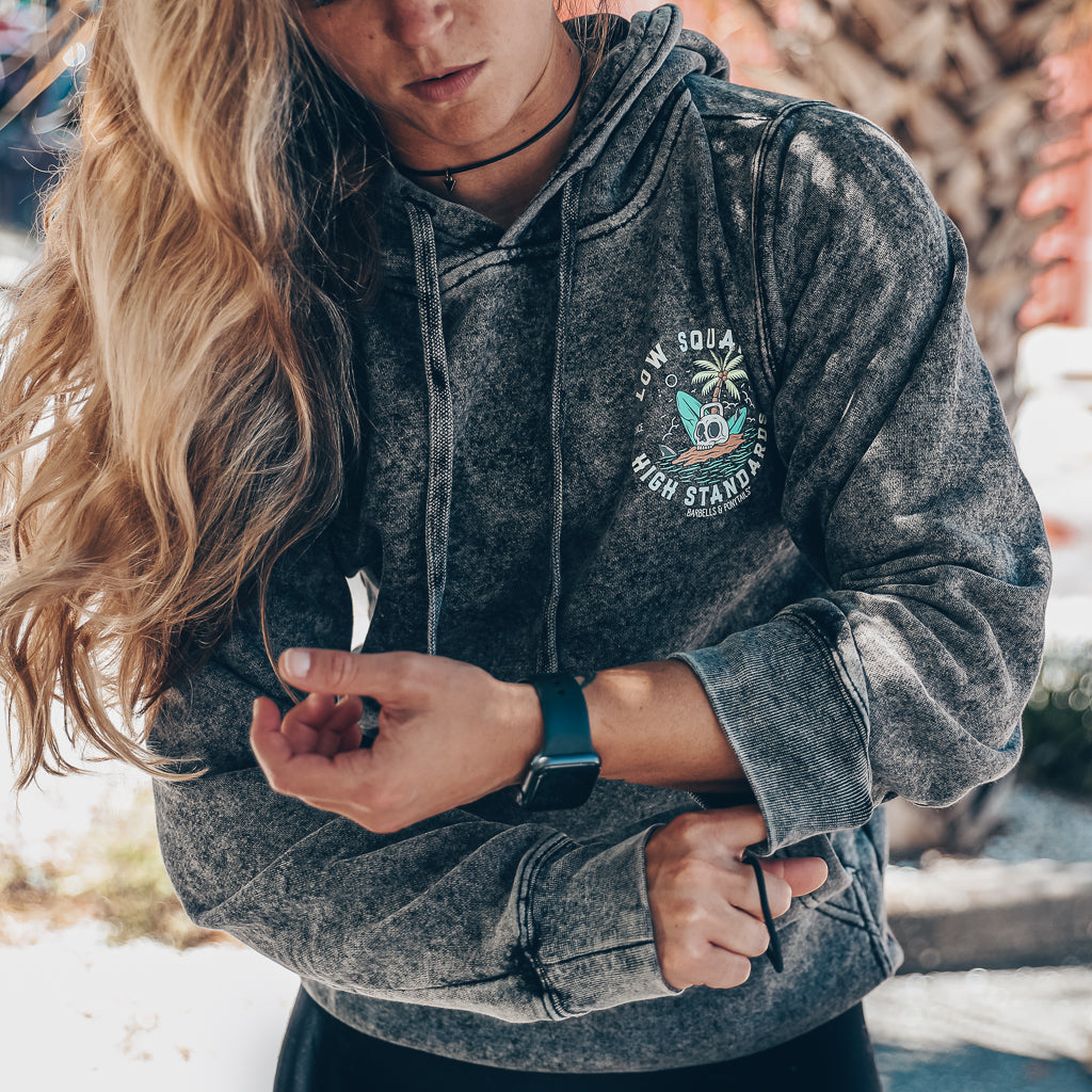 black mineral wash hoodie with skull island design