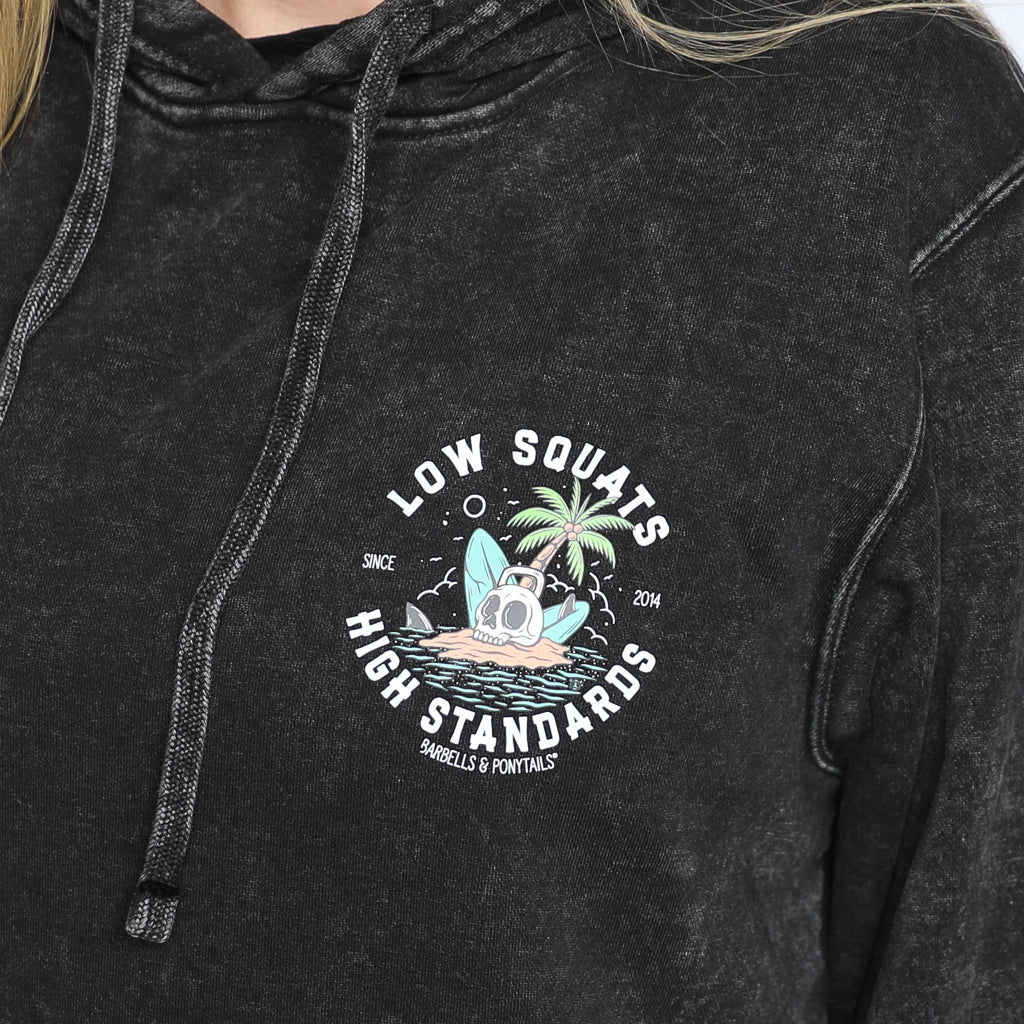 black mineral wash hoodie with skull island design