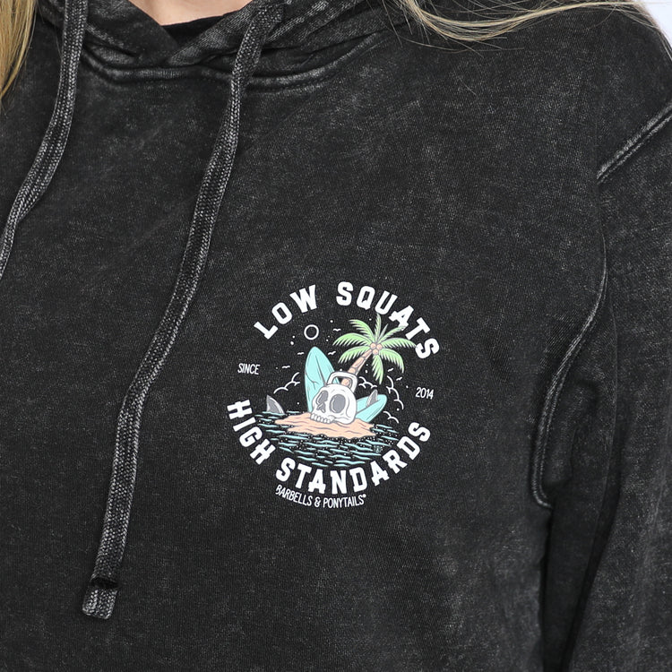 black mineral wash hoodie with skull island design