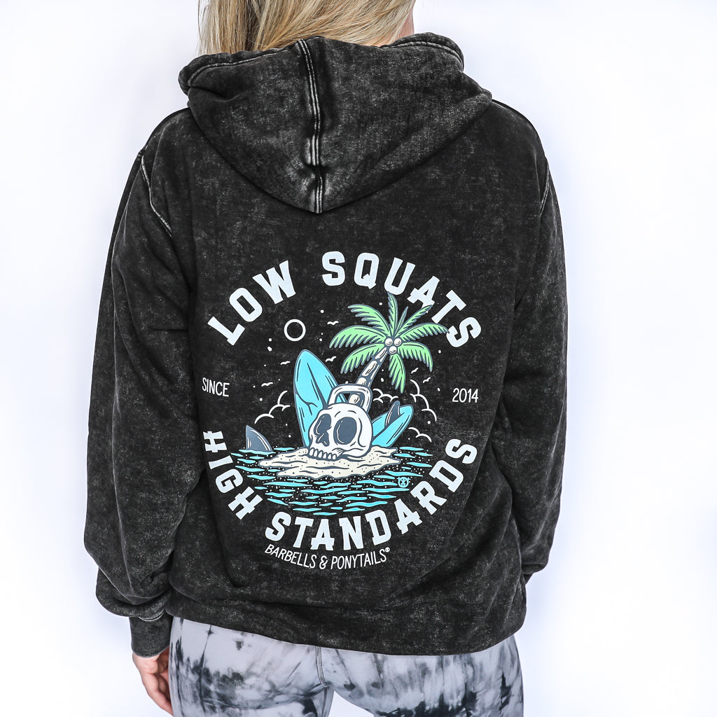 black mineral wash hoodie with skull island design