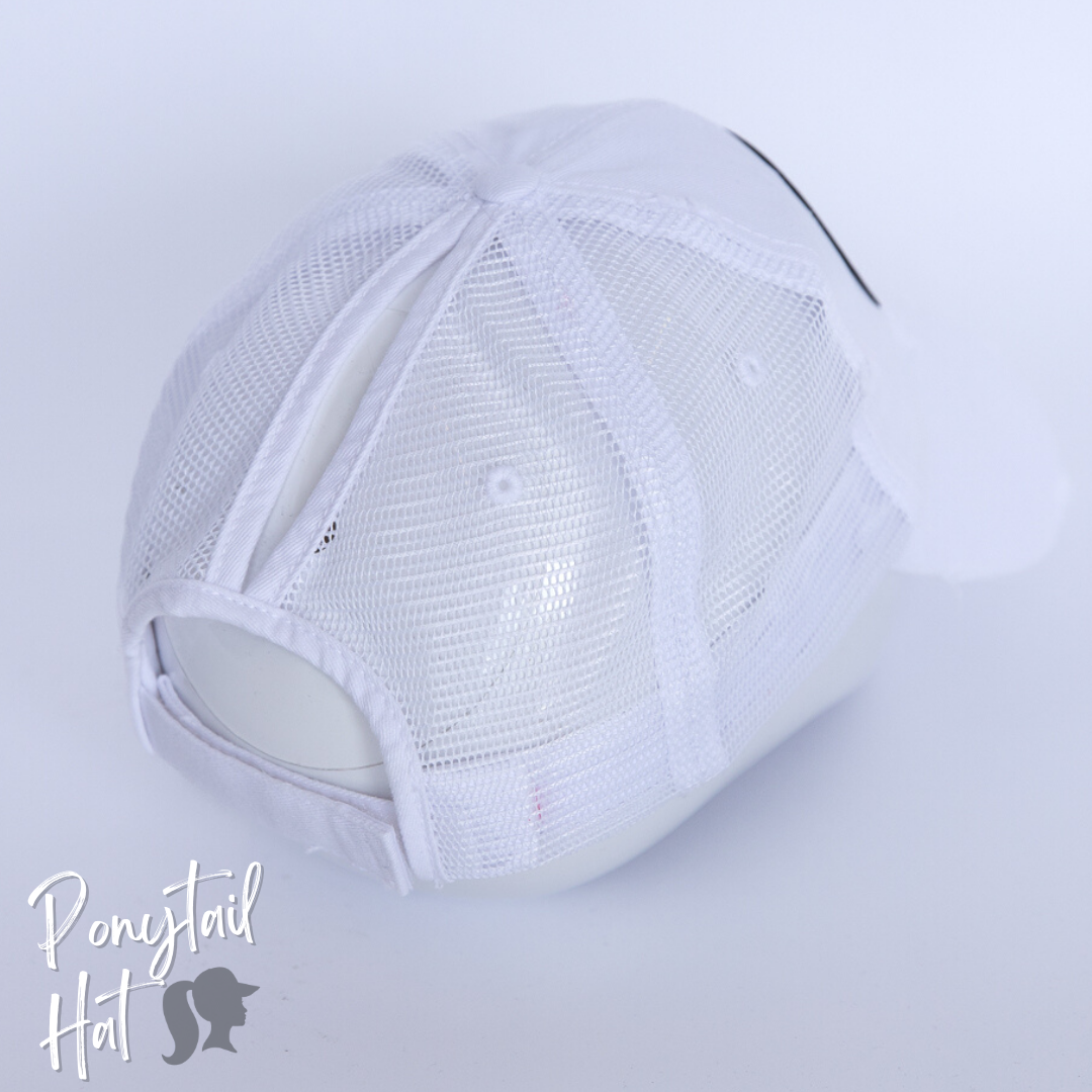 white mesh ponytail hat with barbells and ponytails text