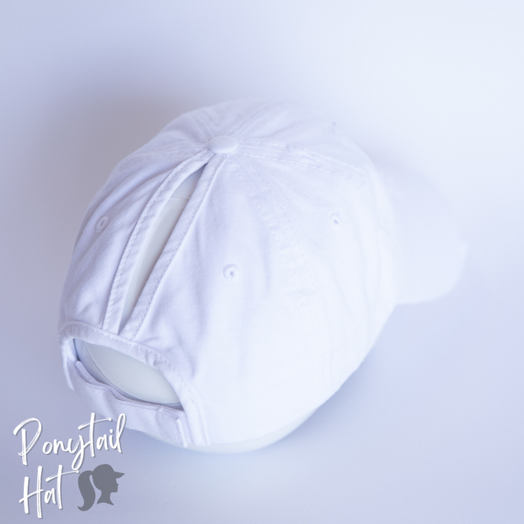 solid white ponytail hat with muscle beach design