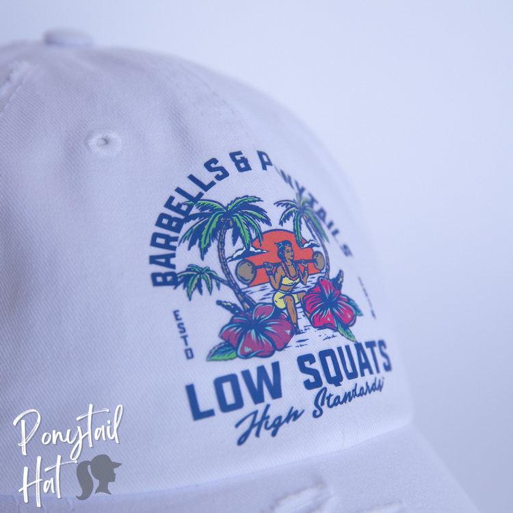 solid white ponytail hat with muscle beach design