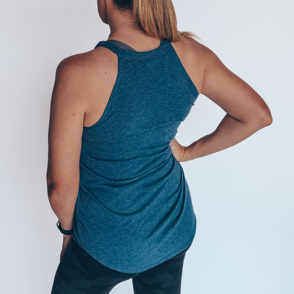 blue flowy high neck tank