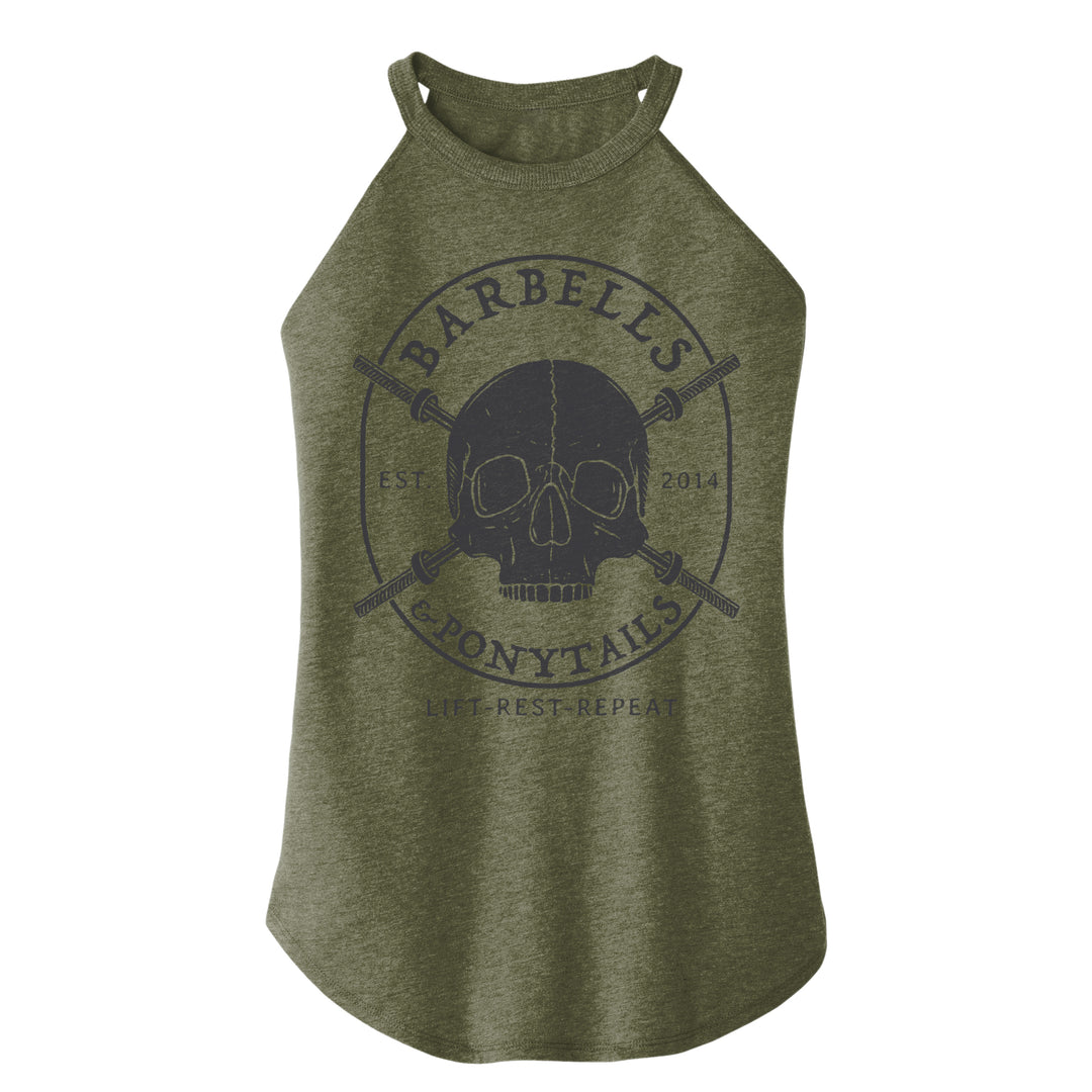 military green flowy high neck tank with black skulls and barbells design