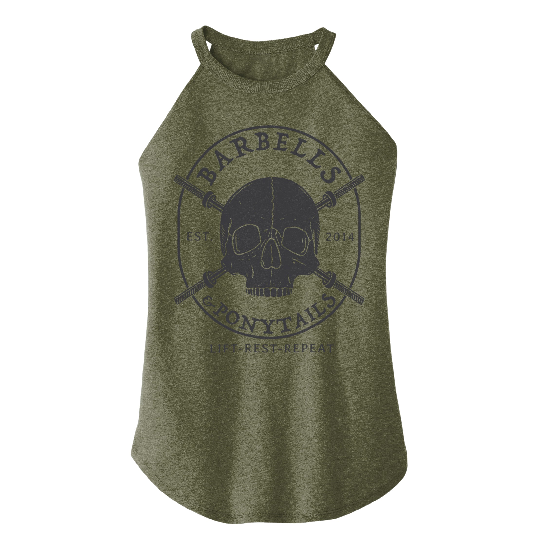 military green flowy high neck tank with black skulls and barbells design