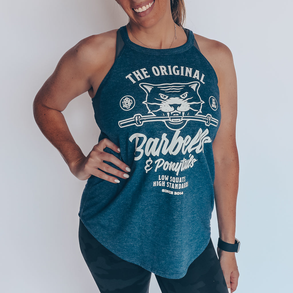 blue flowy high neck tank with white puma design