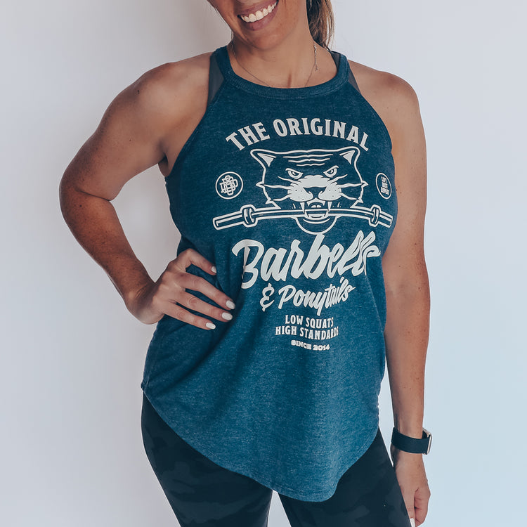 blue flowy high neck tank with white puma design