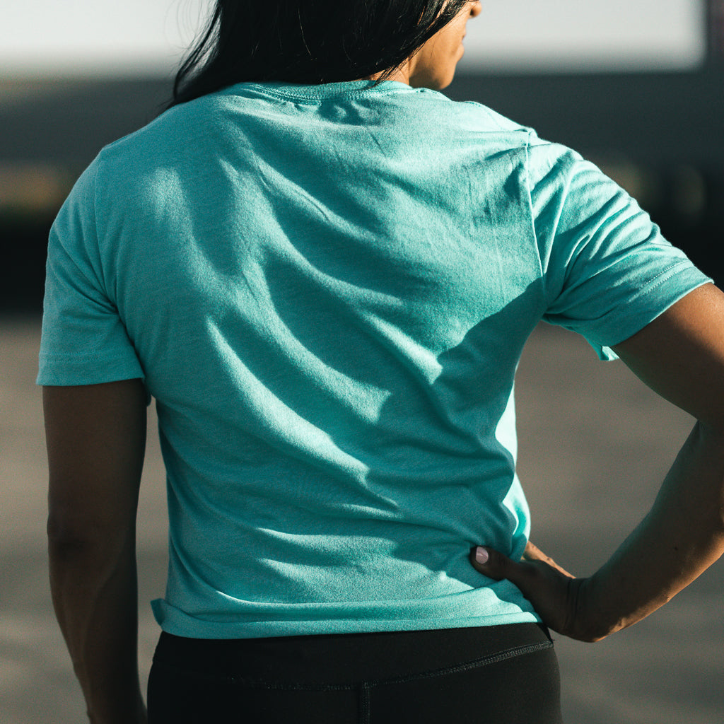 green crop t-shirt with muscle beach design
